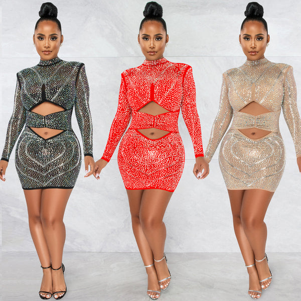 X5572   Fashion Sexy Nightclub Hot Diamond Mesh Perspective Long Sleeve Hollow Mid Dress Dress