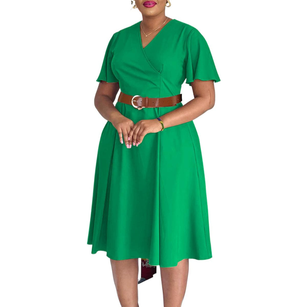 C8636 european and american women's clothing  new fashion elegant solid color plus size v-neck flare sleeve african dress