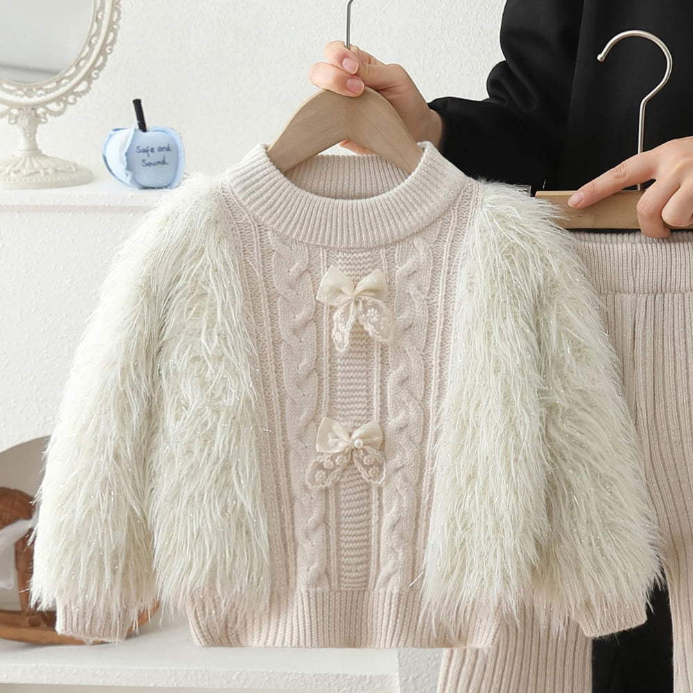 Girls' sweater set - new autumn/winter style, korean-inspired, solid color, fuzzy bow knit pullover two-piece outfit