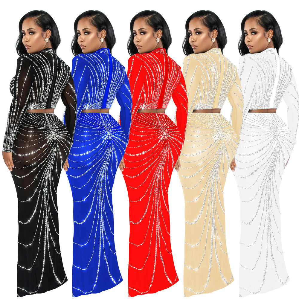 C6028 cross-border   fashion women's mesh rhinestone see-through long sleeve maxi dress two-piece set