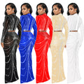 C6028 cross-border   fashion women's mesh rhinestone see-through long sleeve maxi dress two-piece set