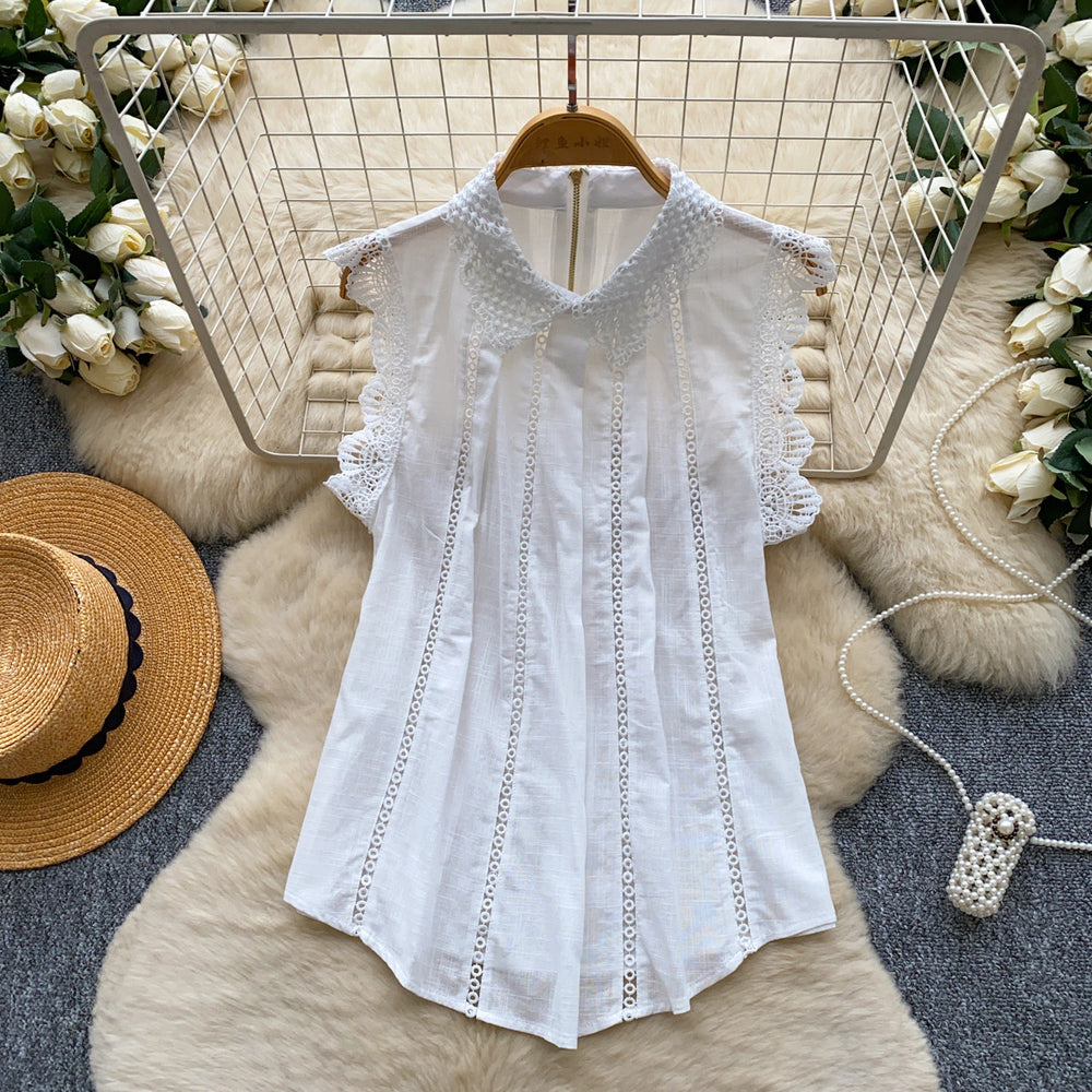French chic white ruffle trim sleeveless blouse - women's summer, mature style, commute-friendly, age-defying, high-end elegant top