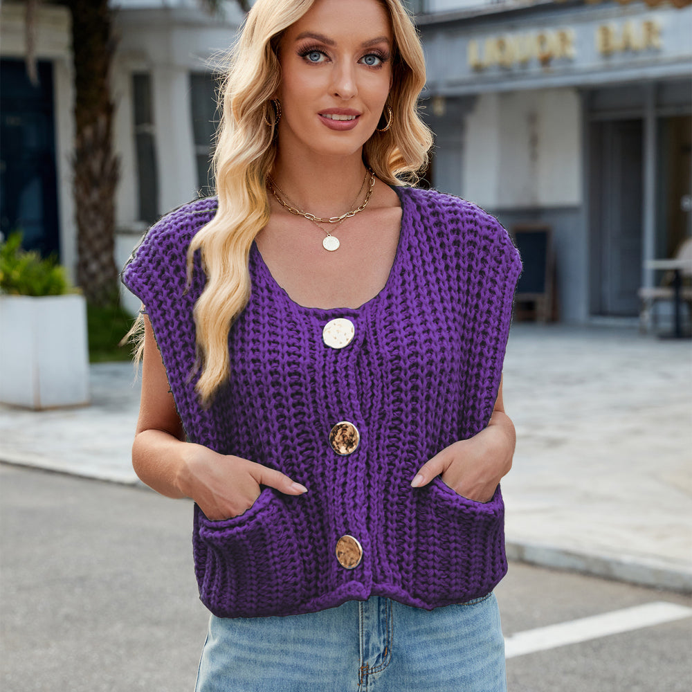 Fashion cross-border women's clothing  independent station new v-neck three-button sleeveless cardigan sweater vest