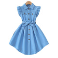 Exportgirldress imitation denim blue flying sleeves single breasted bows belt shirt skirt kids a-line skirt