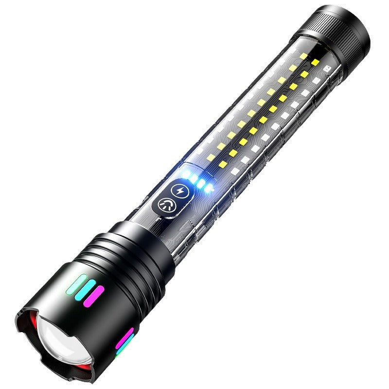 Cross-border new white laser LED flashlight charging outdoor zoom with side light red and blue warning strong light flashlight
