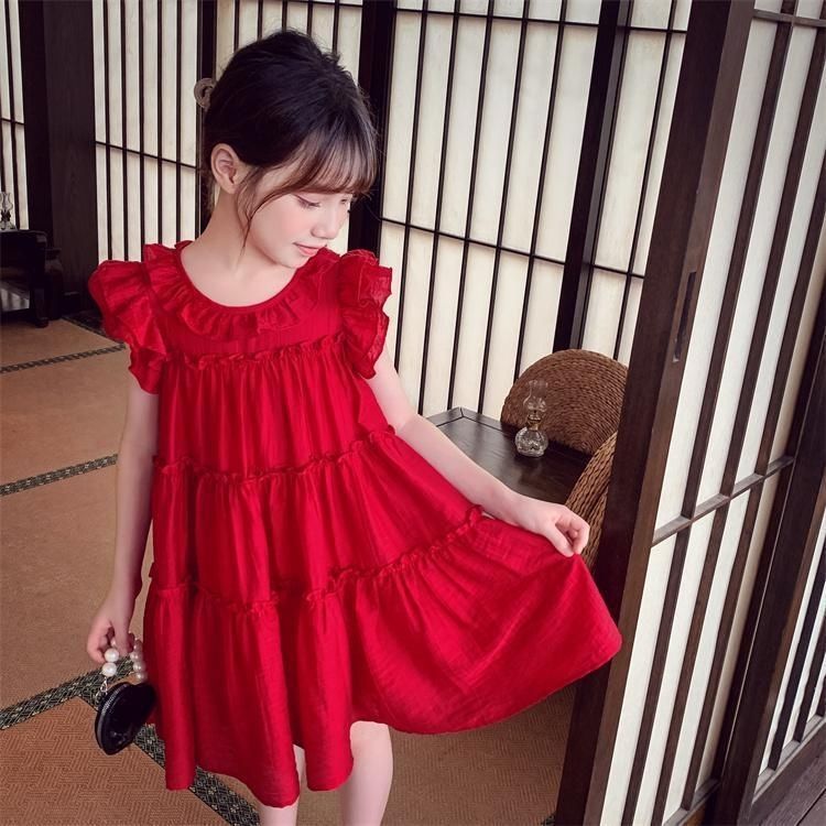 Girls' summer dresses  new style: chic kids' ruffle sleeve princess dress, solid color casual dress for little girls