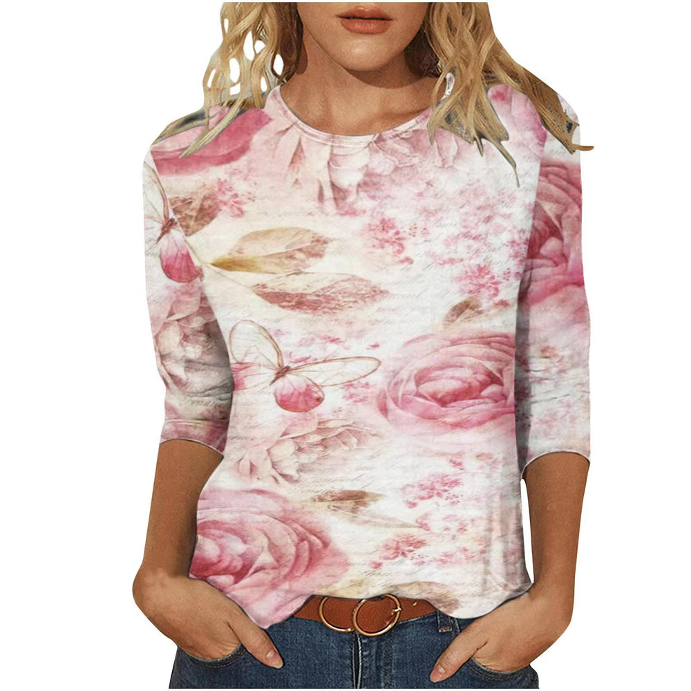 cross-border  women's casual printed crew neck 3/4 sleeve t-shirt top - in stock