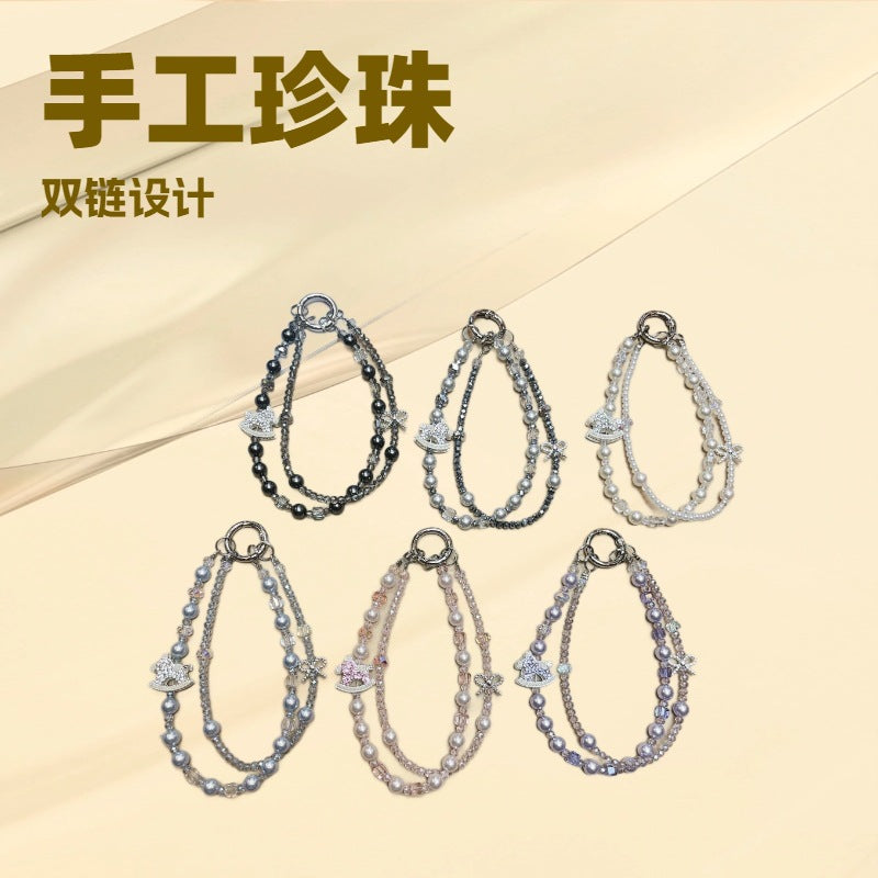Ins style handmade pearl double chain mobile phone case lanyard creative rhinestone rocking horse pendant wrist crystal one piece dropshipping