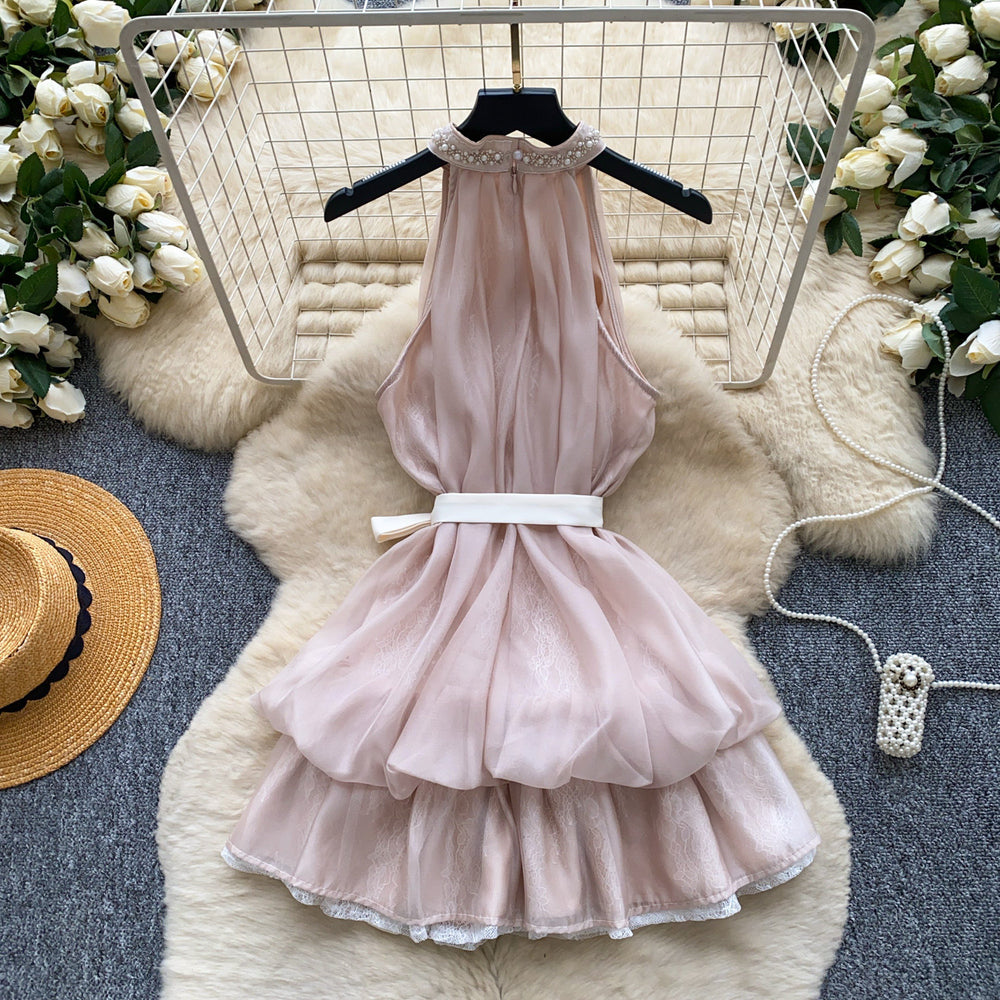 Qianjin wind halter heavy industry beading dress women's summer waist tie-up bowssweet suspender skirt petites