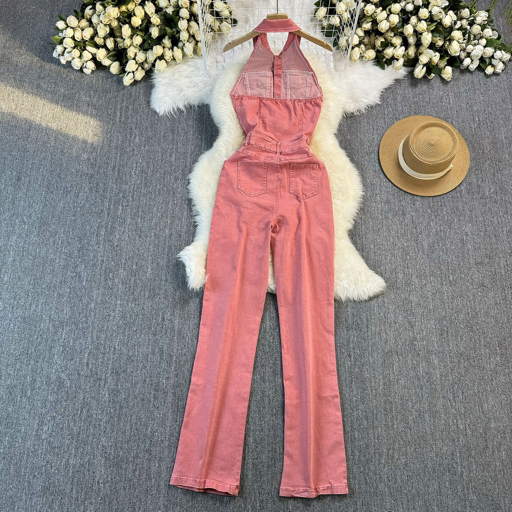Summer denim jumpsuit for women, european and american style, elegant halter neck, sleeveless, open back, high waist, slimming and figure-flattering denim jumpsuit