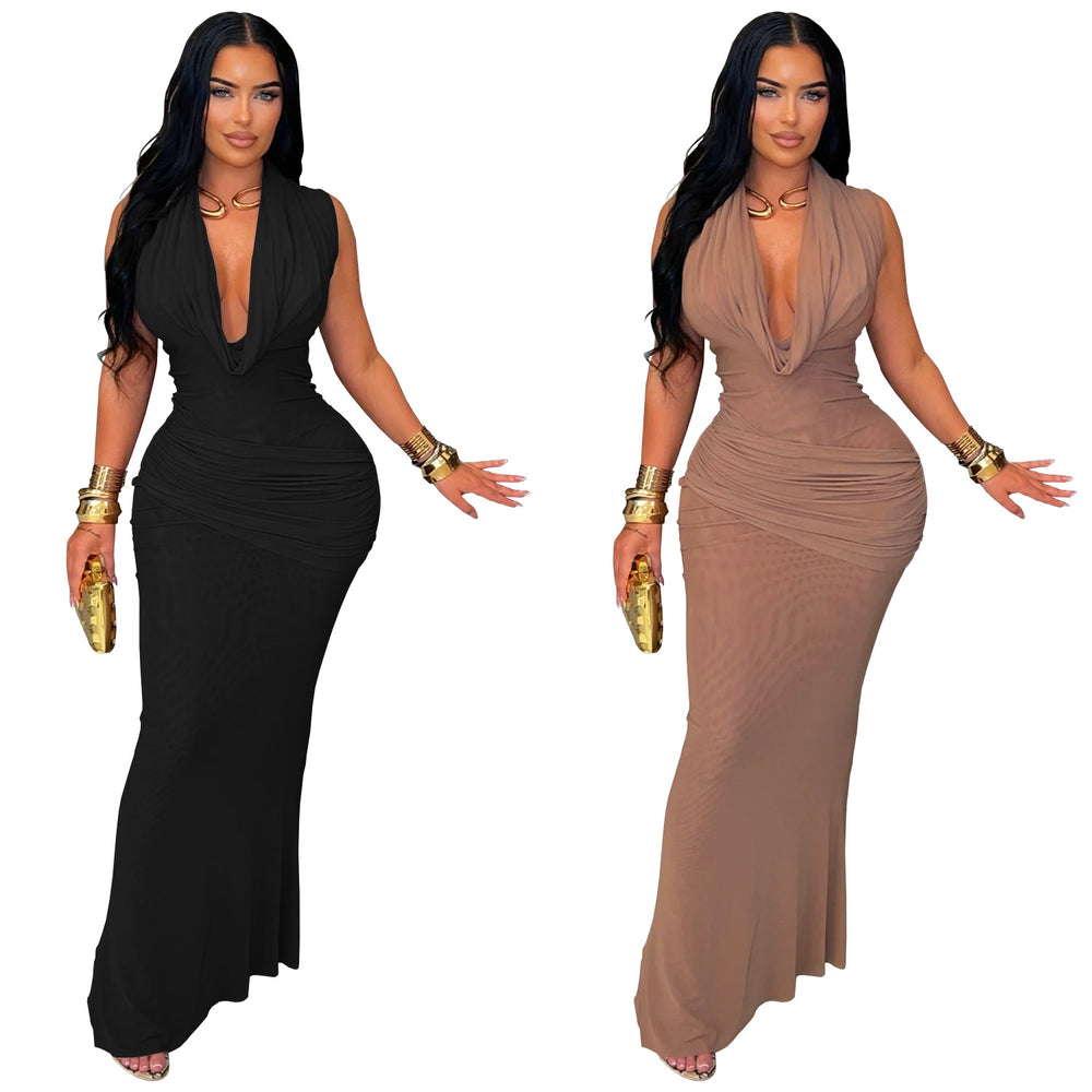 C7555 cross-border   fashion women's elegant sleeveless ruched v-neck low-cut dress