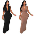 C7555 cross-border   fashion women's elegant sleeveless ruched v-neck low-cut dress