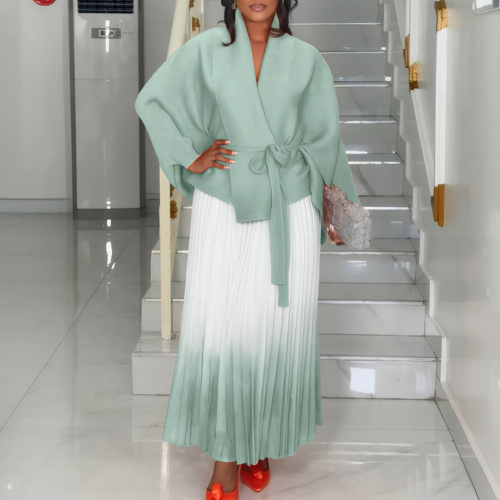 C8610 african plus size women's spring new fashion tie-up batwing sleeve top and gradient color midi skirt two-piece set
