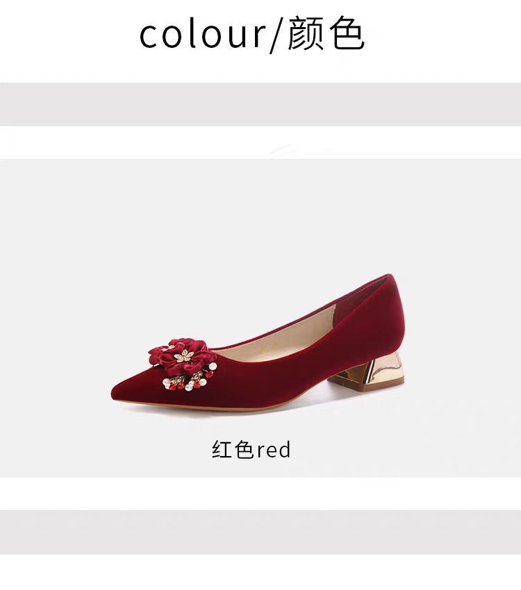 2026 new pointed-toe floral red suede chunky heel xiuhe wedding shoes - comfortable high heels for women - chinese style bridal shoes