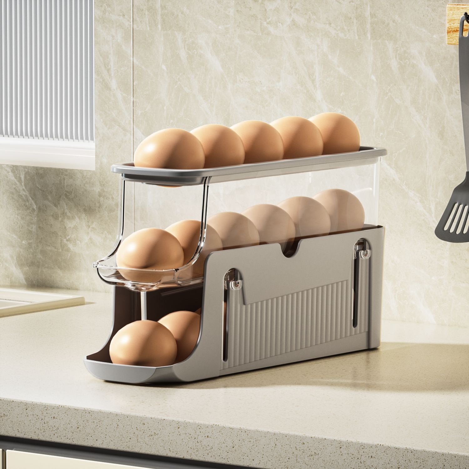 Anti-drop egg storage box on countertop Fixed slide type Automatic roll-down egg box Double egg tray for side door of refrigerator