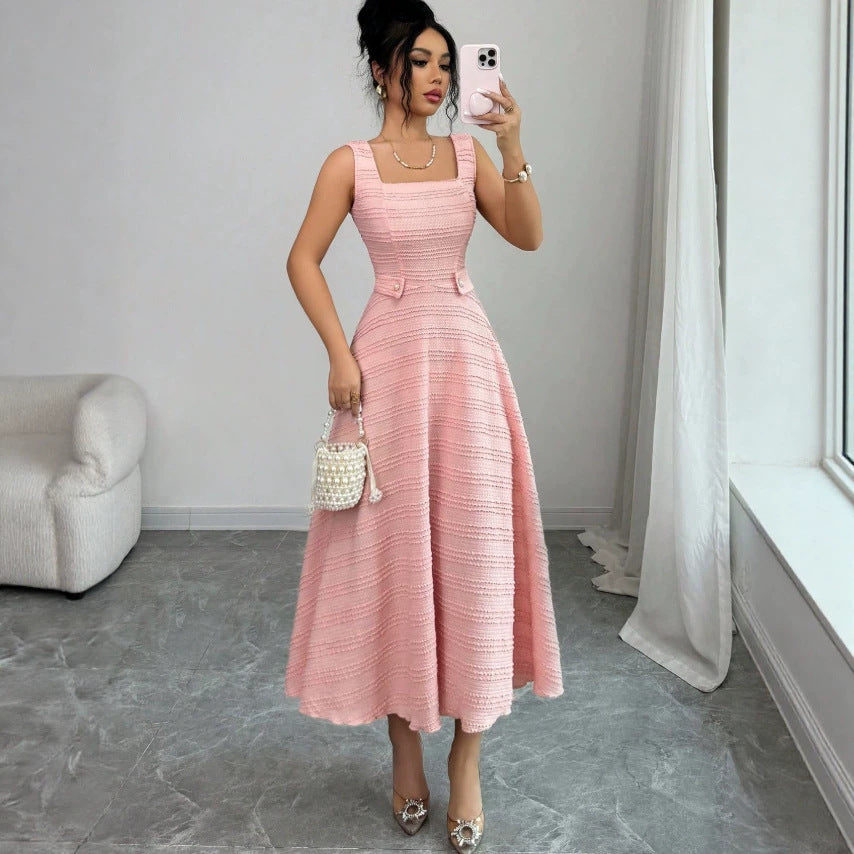 summer new arrival: elegant pink crew neck sleeveless knit dress with rhinestone button accents and openwork crochet detail