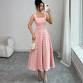summer new arrival: elegant pink crew neck sleeveless knit dress with rhinestone button accents and openwork crochet detail