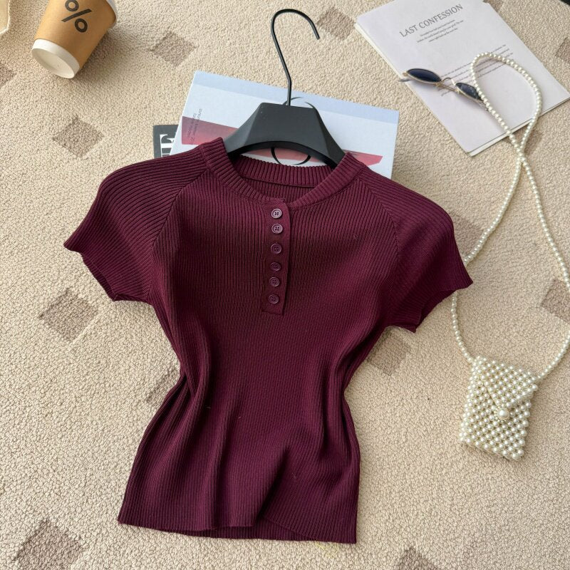 Old money style knittingcasualpure colorcasual women's summereasiest for matchslimming look single breastedv neckwork clothingtops multi-color