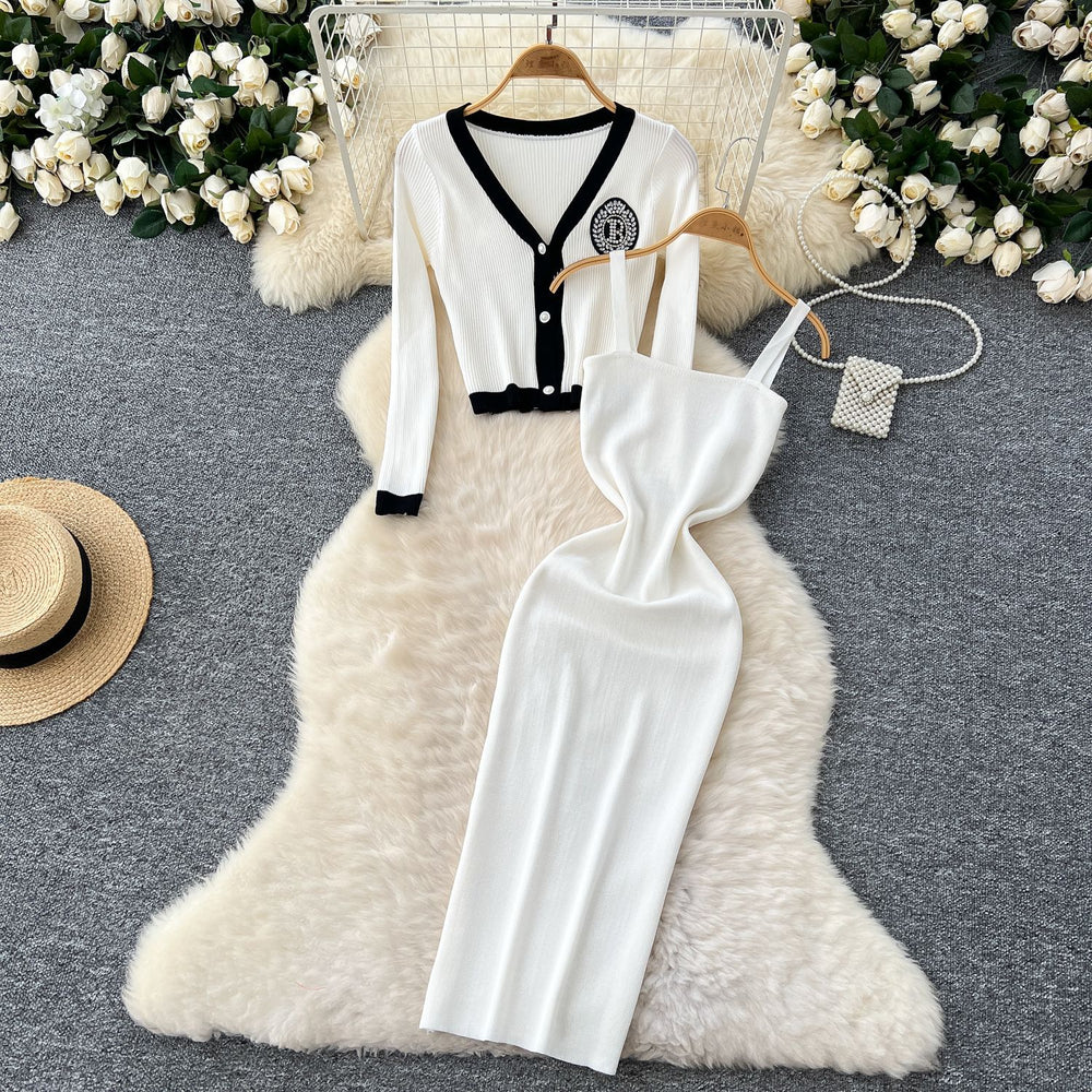Classy sense v neck diamond-encrusted embroiderlong sleevesknittingcardigan women's winter french stretch tight hip-hugging suspender dress