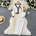 Classy sense v neck diamond-encrusted embroiderlong sleevesknittingcardigan women's winter french stretch tight hip-hugging suspender dress