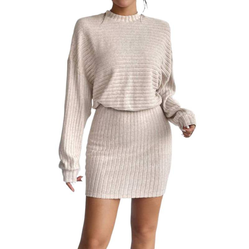 Women's knit set - long sleeve crewneck crop top and slim mini skirt outfit, autumn/winter collection