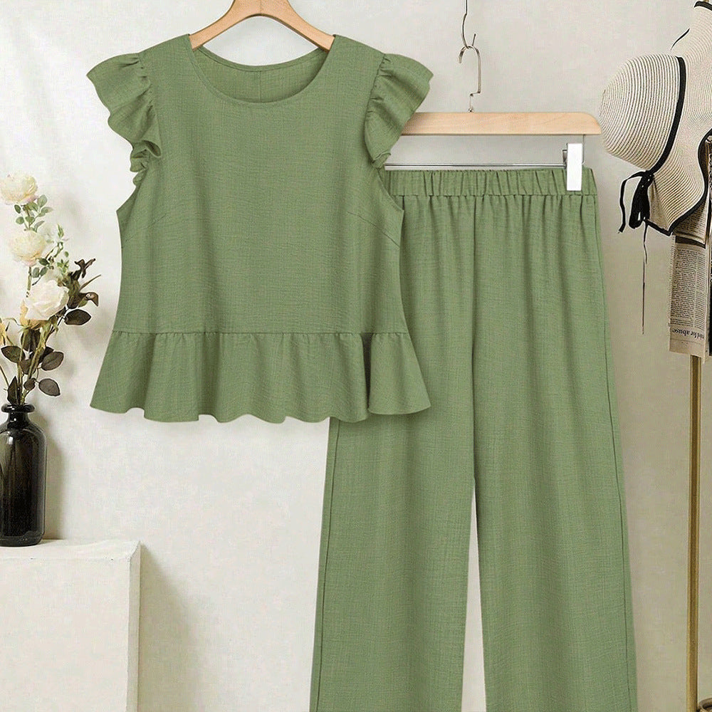 European and american cross-border women's short-sleeve set:  summer new arrival - stylish flutter sleeve top and wide-leg pants two-piece set