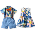 Brother and sister wear export spring and summer new arrival children's clothing boys short-sleeved shorts suspender suit girls floral skirt wholesale