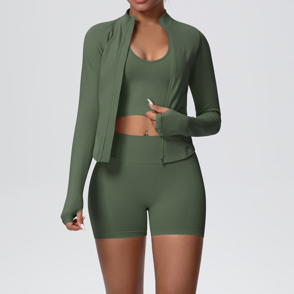 seamless pure color high-elastic tight-fitting breathable shortoutwear yoga suit sports running fitness three-piece set