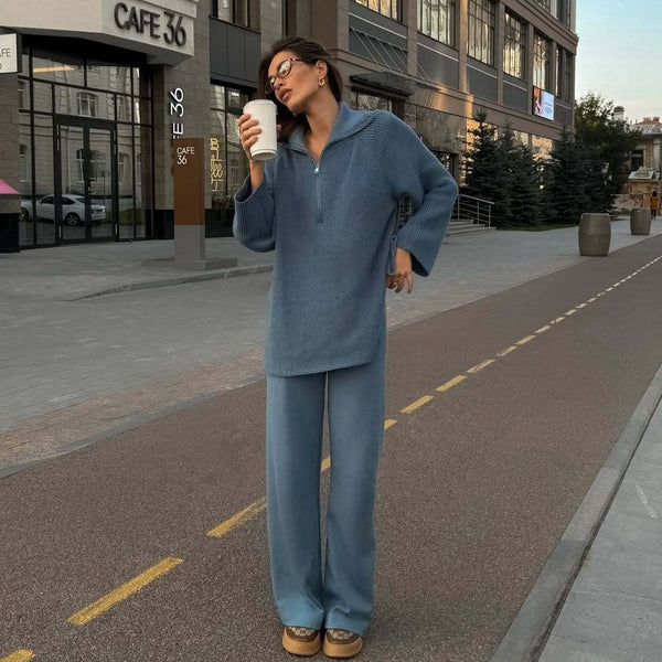 Street style independent station women's fashion solid color loose hem split knitted sweater two-piece casual sweater set