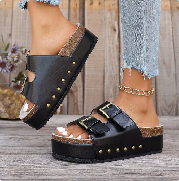 Fashionexportplus sizethick sole birkenstock rivet flip flops women's cross-border outwear metal buckle platform sole sandals
