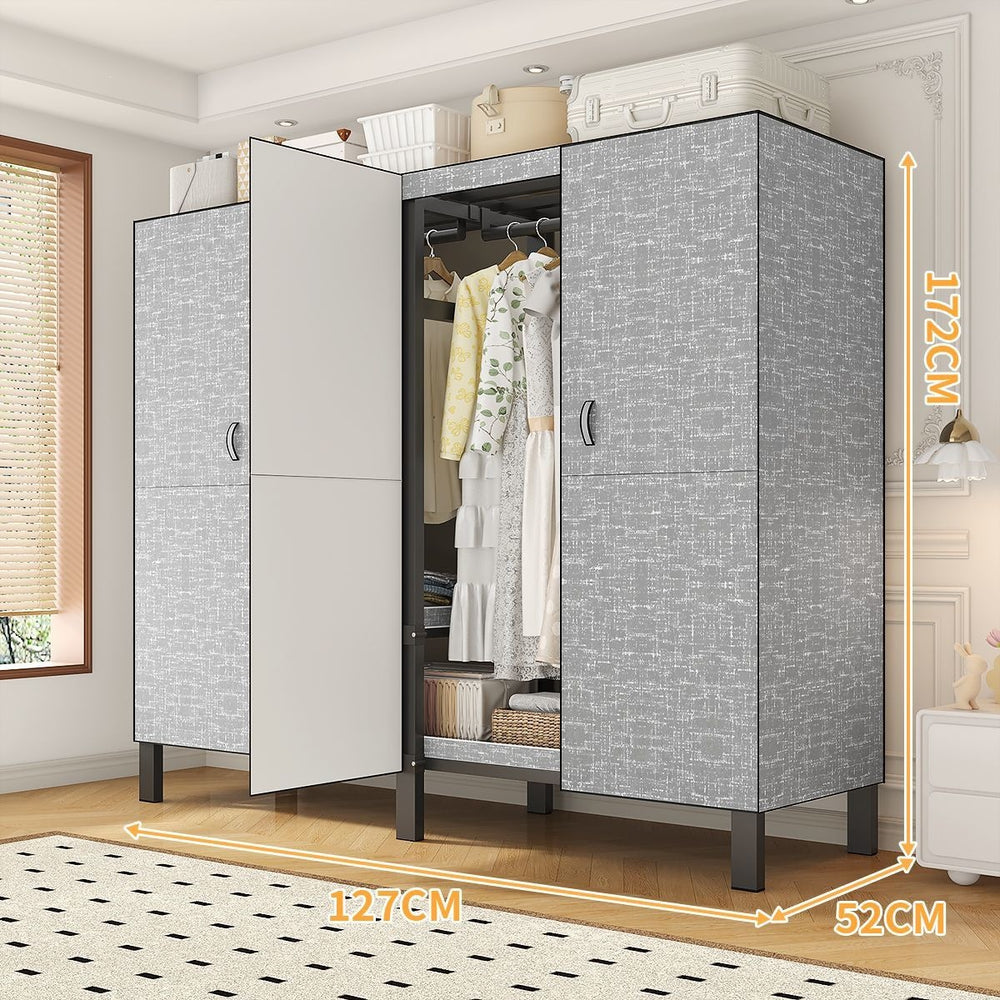 Easy-to-assemble, foldable wardrobe for bedrooms, ideal for home use or rental properties. dustproof, moisture-proof, with reinforced construction, fully sealed, and mildew-resistant. features a convenient swing-out door