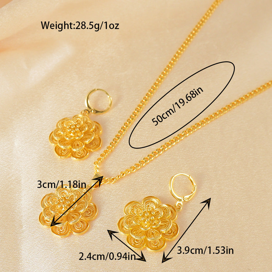 Middle eastern elegant style 2-piece jewelry set, luxurious gold-plated copper floral pendant necklace and earrings