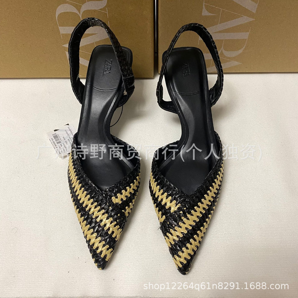 Za2023autumnew arrival high heels fashion pointed toe color matching patchwork woven material high heel sandals women's shoes stylish