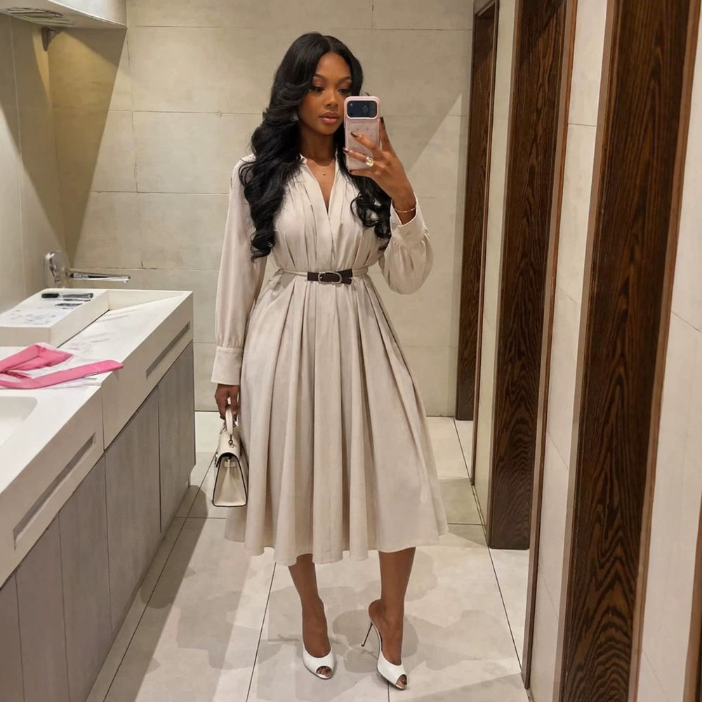 European and american cross-border women's clothing:  summer new arrival - elegant and chic lapel waist-tightening midi shirt dress with long sleeves