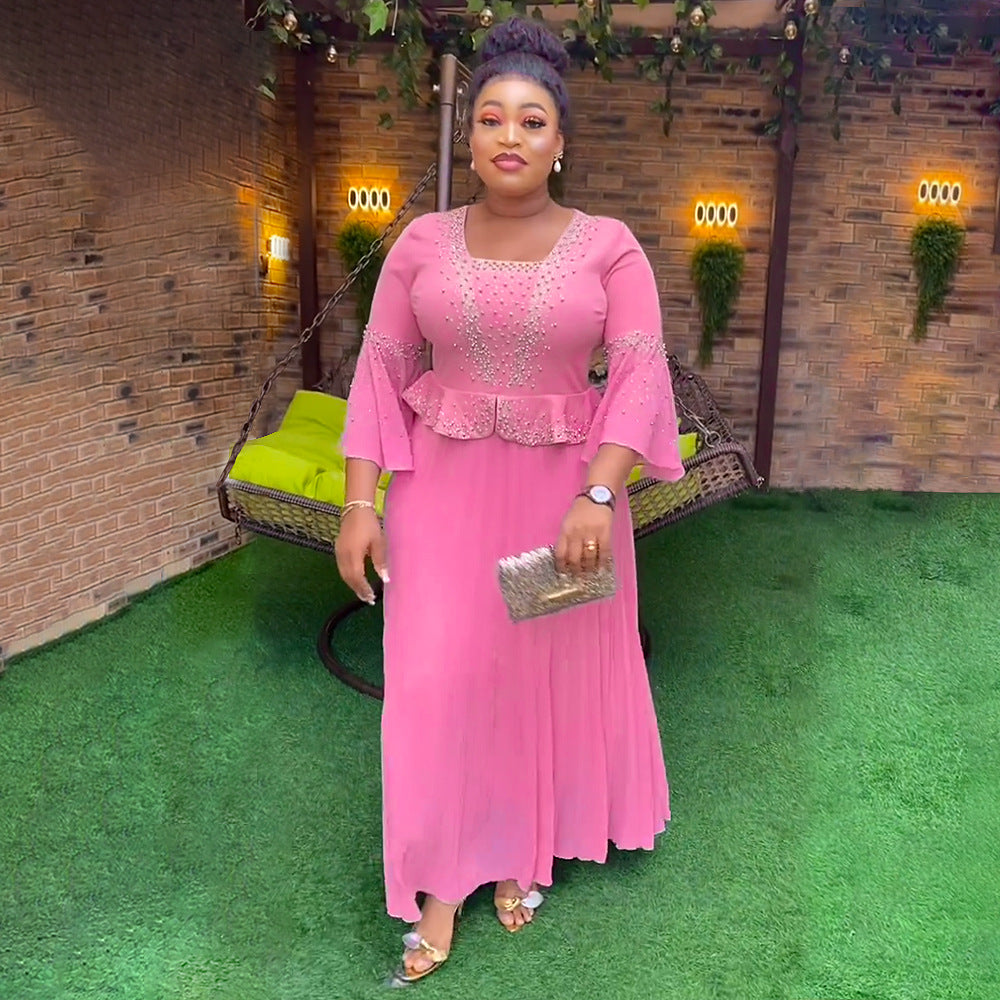 african plus size  beaded pure colordressfashionexport women's clothing fake two-piece set pleated skirt