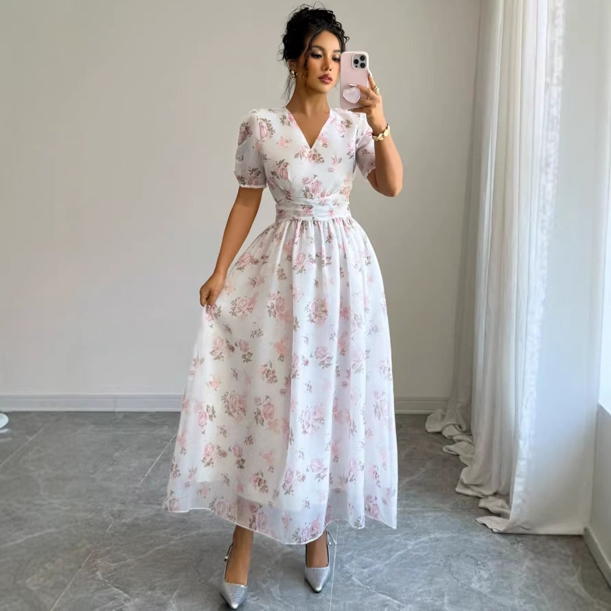 new european and american style bubble sleeve floral print v-neck midi dress