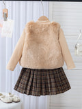 new summer cross-border fashion girls' fuzzy vest + knitted top + plaid skirt three-piece set