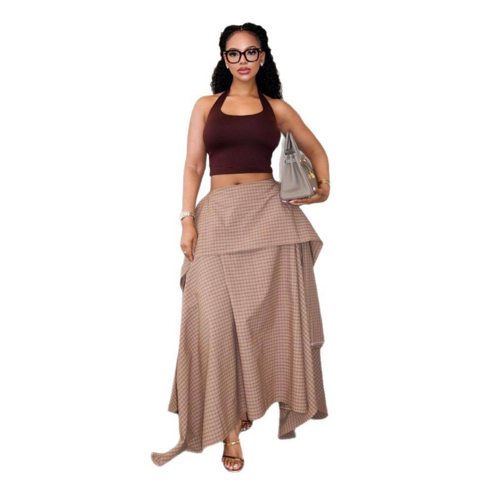 European and american cross-border women's fashion:  summer new arrivals - high-waisted, asymmetrical, long plaid midi skirt with unique design