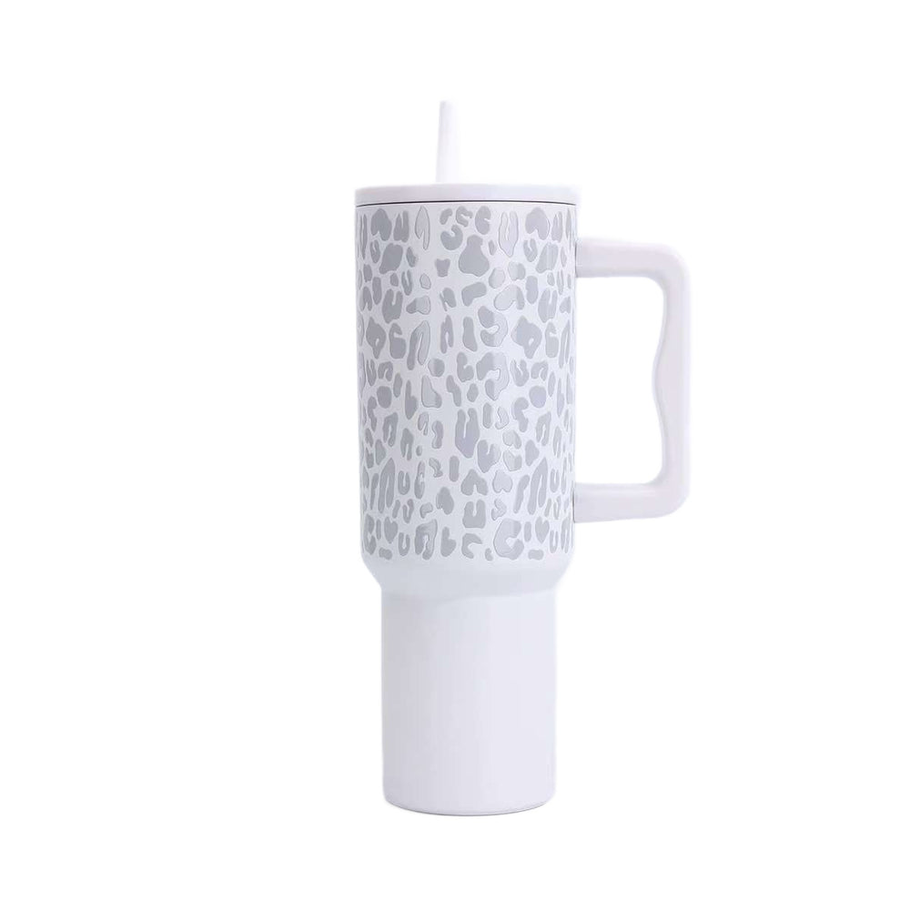leopard print 40oz stainless steel thermos cup large capacity with handle vacuum straw cup outdoor car cup