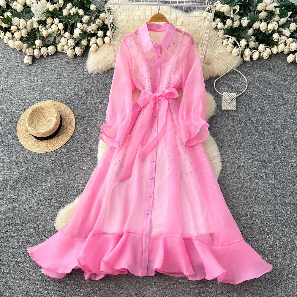 Korean style light luxury long sleeve lantern sleeve mesh dress women's summer tie-waist a-line elegant maxi dress for work