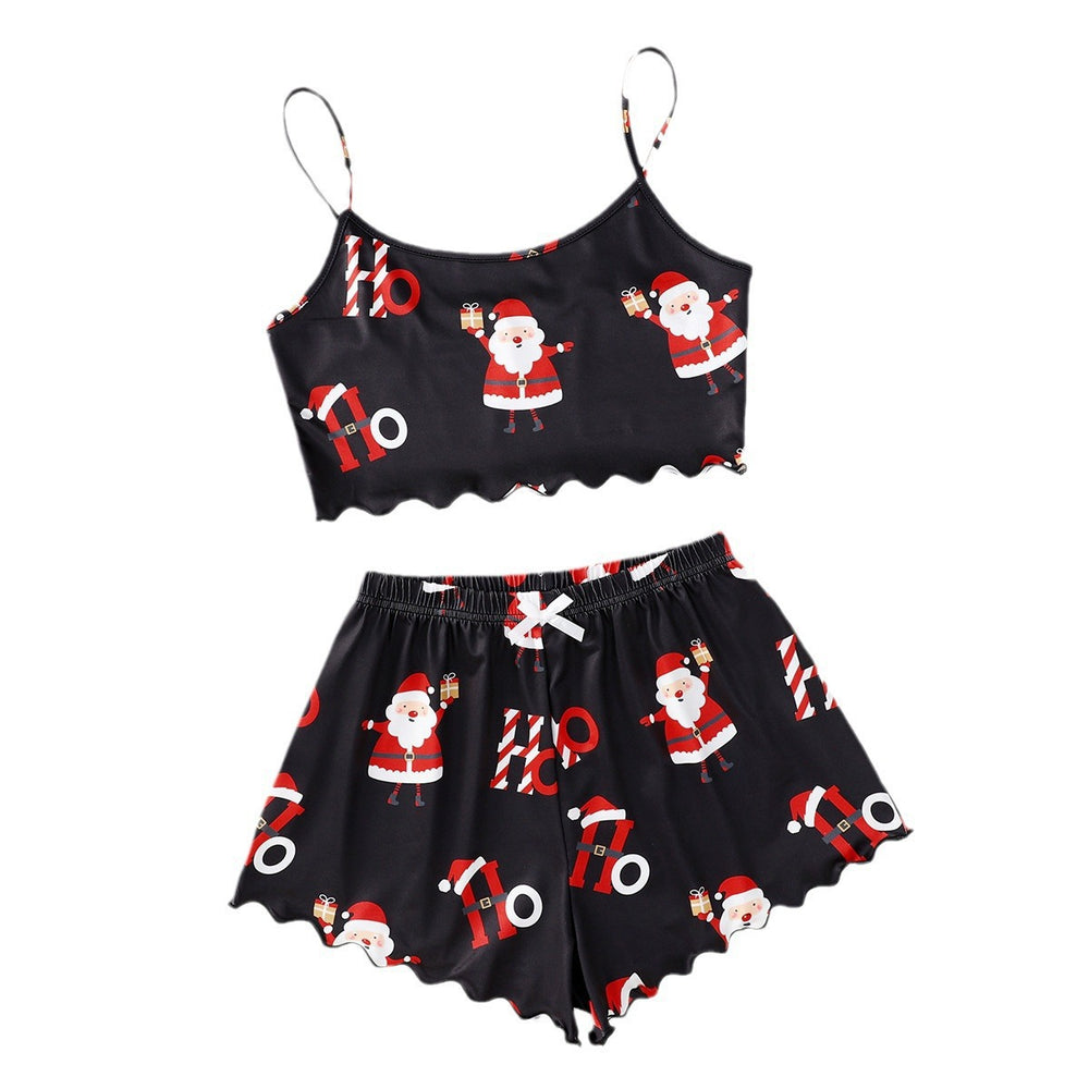 hot-selling christmas european and american style thin pajamas simple printed suspender milk silk shorts sexy two-piece set