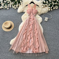 French riviera style halter mesh dress - women's summer romantic sleeveless ruffle trim slimming elegant maxi dress