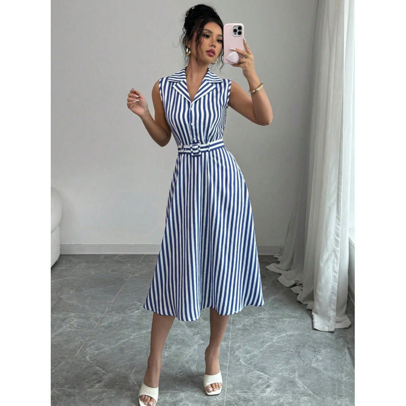 european and american cross-border hot-selling striped waist-defining maxi dress - elegant, slimming, sleeveless a-line dress with belt