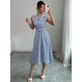 european and american cross-border hot-selling striped waist-defining maxi dress - elegant, slimming, sleeveless a-line dress with belt