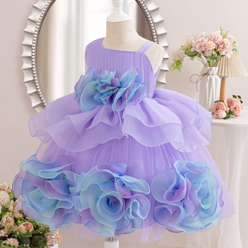 Puff skirt first birthday oblique princess dress summer flower dress birthday kids dress performance costume half sleeve girl 3d
