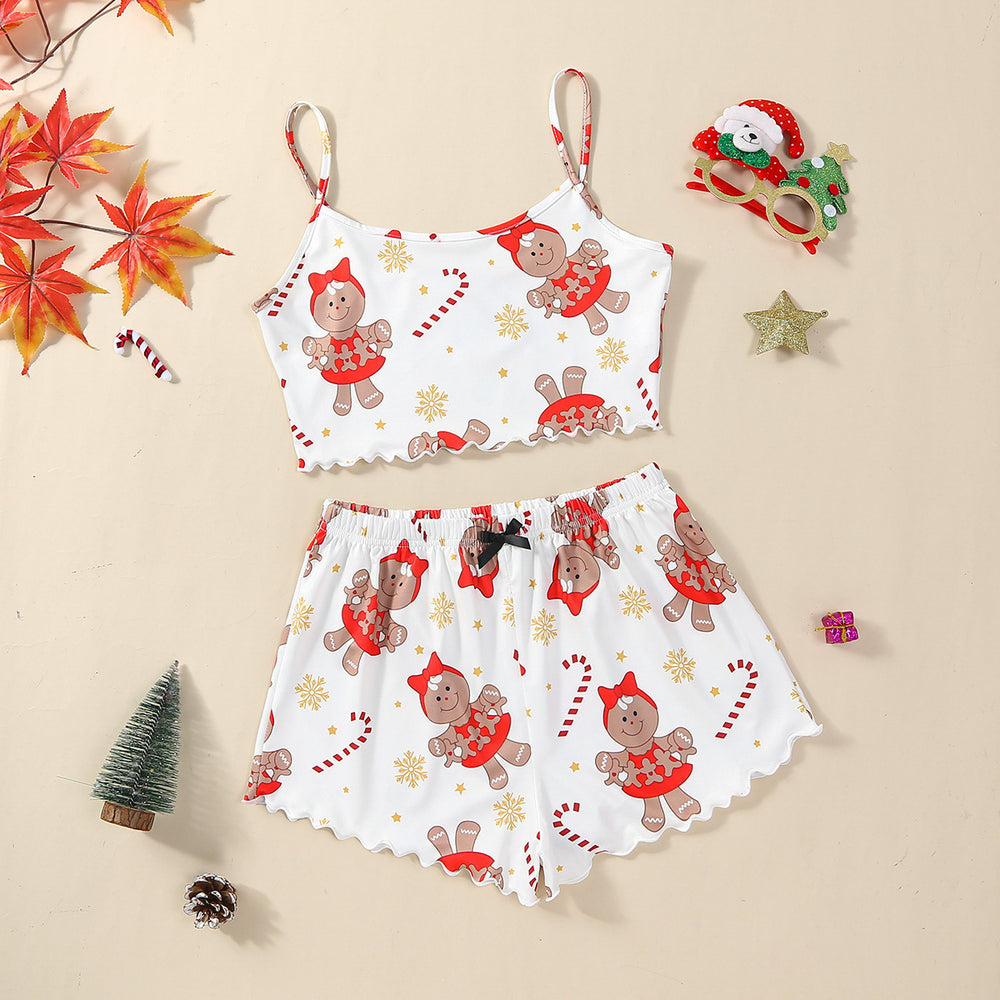 hot-selling christmas european and american style thin pajamas simple printed suspender milk silk shorts sexy two-piece set