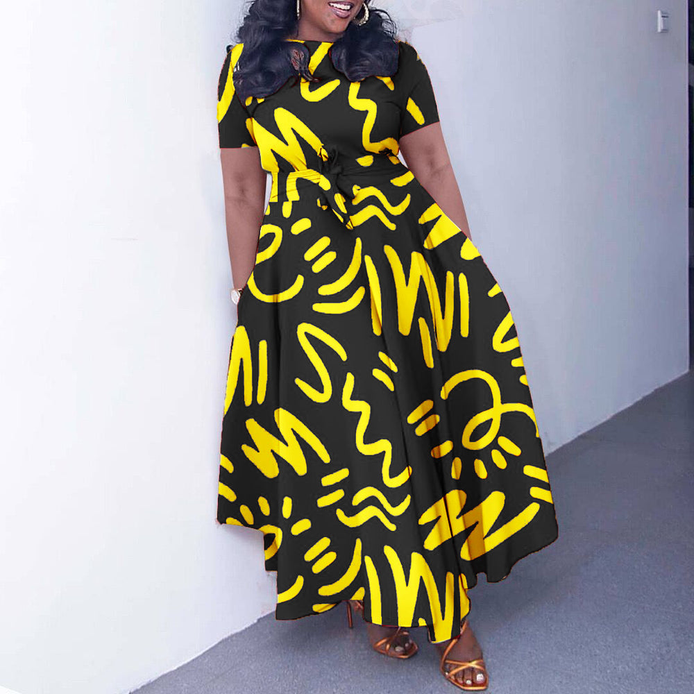 C8619 cross-border women's clothing  new fashion elegant lace-up african print short-sleeved large swing foreign trade dress