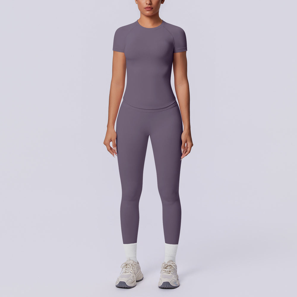 Seamless cross-border yoga set: shaping short-sleeve top & high-waisted butt-lifting leggings - perfect for running and fitness