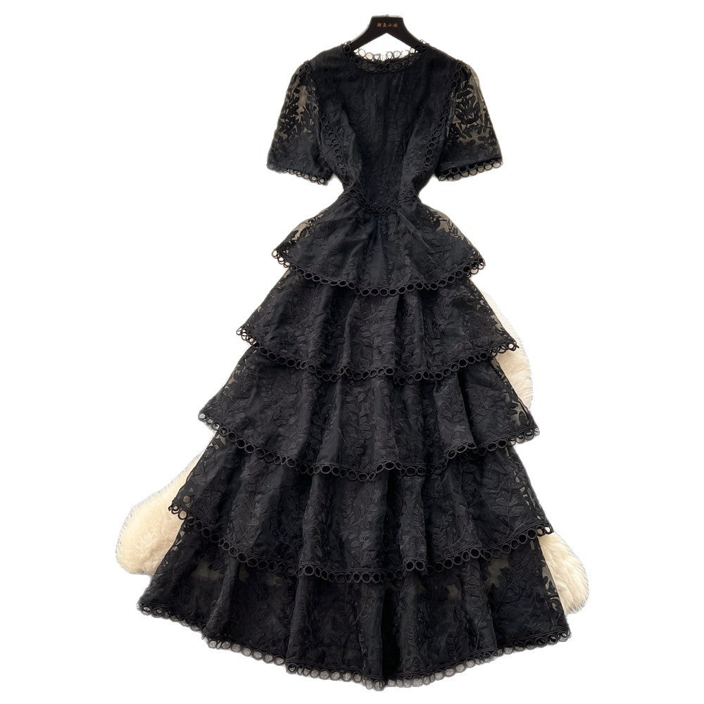 French sweet style pink lace dress women's summer korean high waist cake dress socialite elegant long dress
