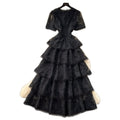 French sweet style pink lace dress women's summer korean high waist cake dress socialite elegant long dress